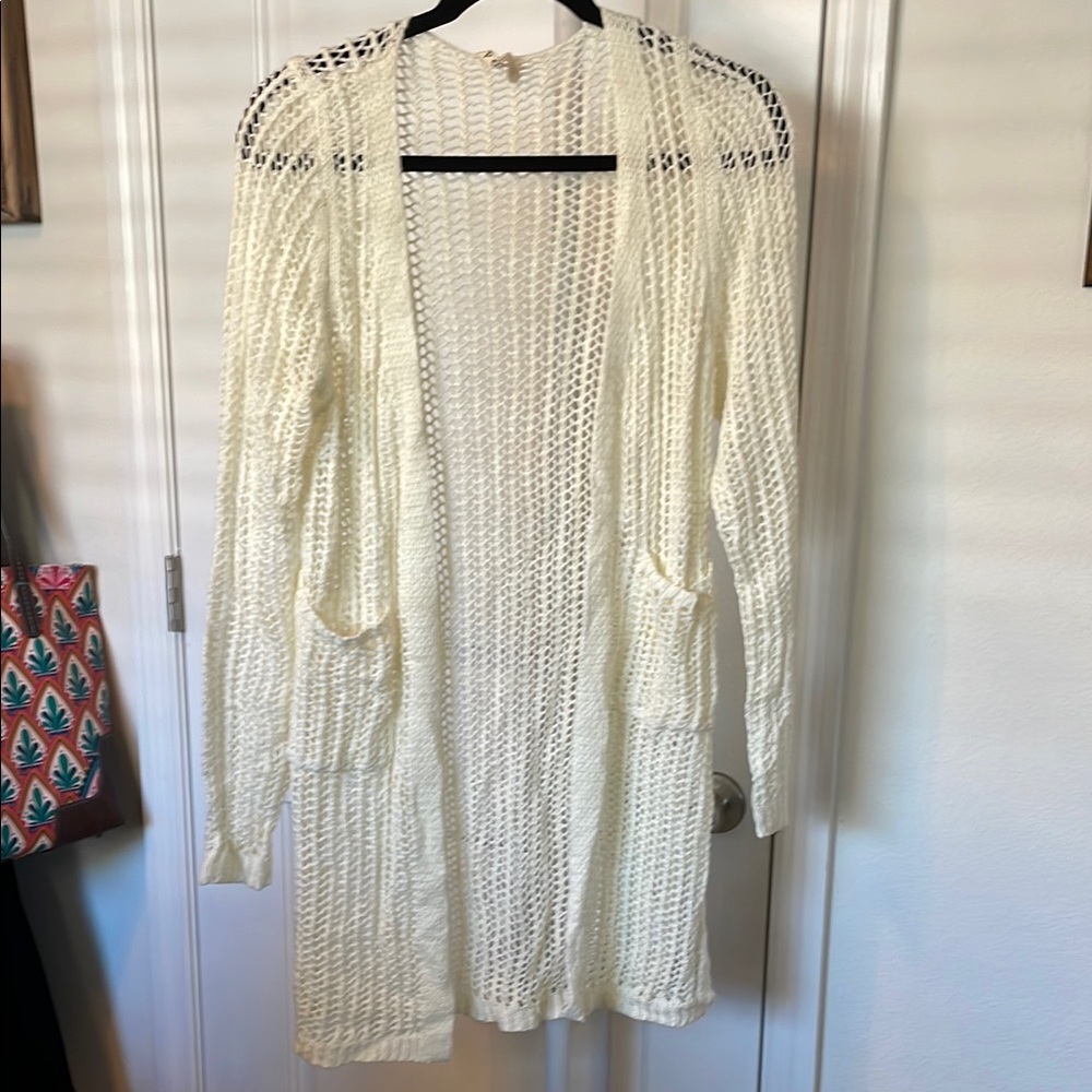 POL Cream Long Open-Knit Cardigan with Pockets. NWOT
